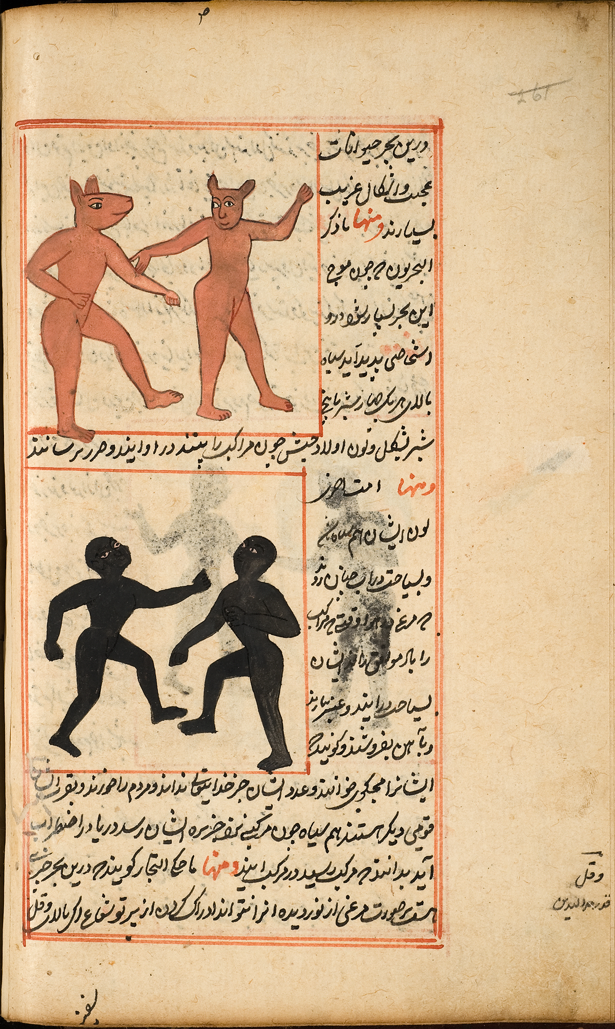 Four humanoids from the island of Zaneh; at the top of the page are two colored pink standing upright with animal heads resembling deer; at the bottom are two colored black standing upright with human heads but without mouths; all the images surrounded by Persian text and a red double ruled border.