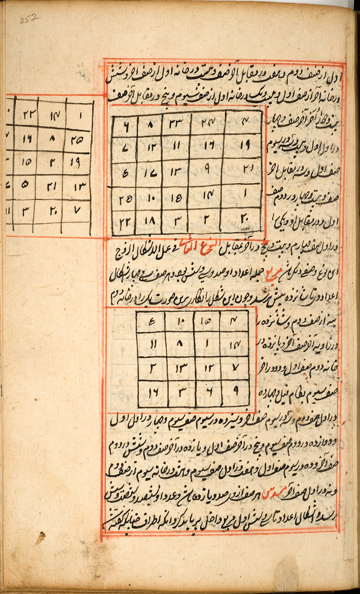 Three mathematical charts showing methods of calculating the calendar; the first chart has five rows and five columns of boxes with Arabic numbers arranged in them; the second chart has four rows and four columns, also with numbers; the third chart is placed to the left outside the regular margins of the text block with five rows and four columns, also with numbers; surrounded by Persian text and a red double ruled border.