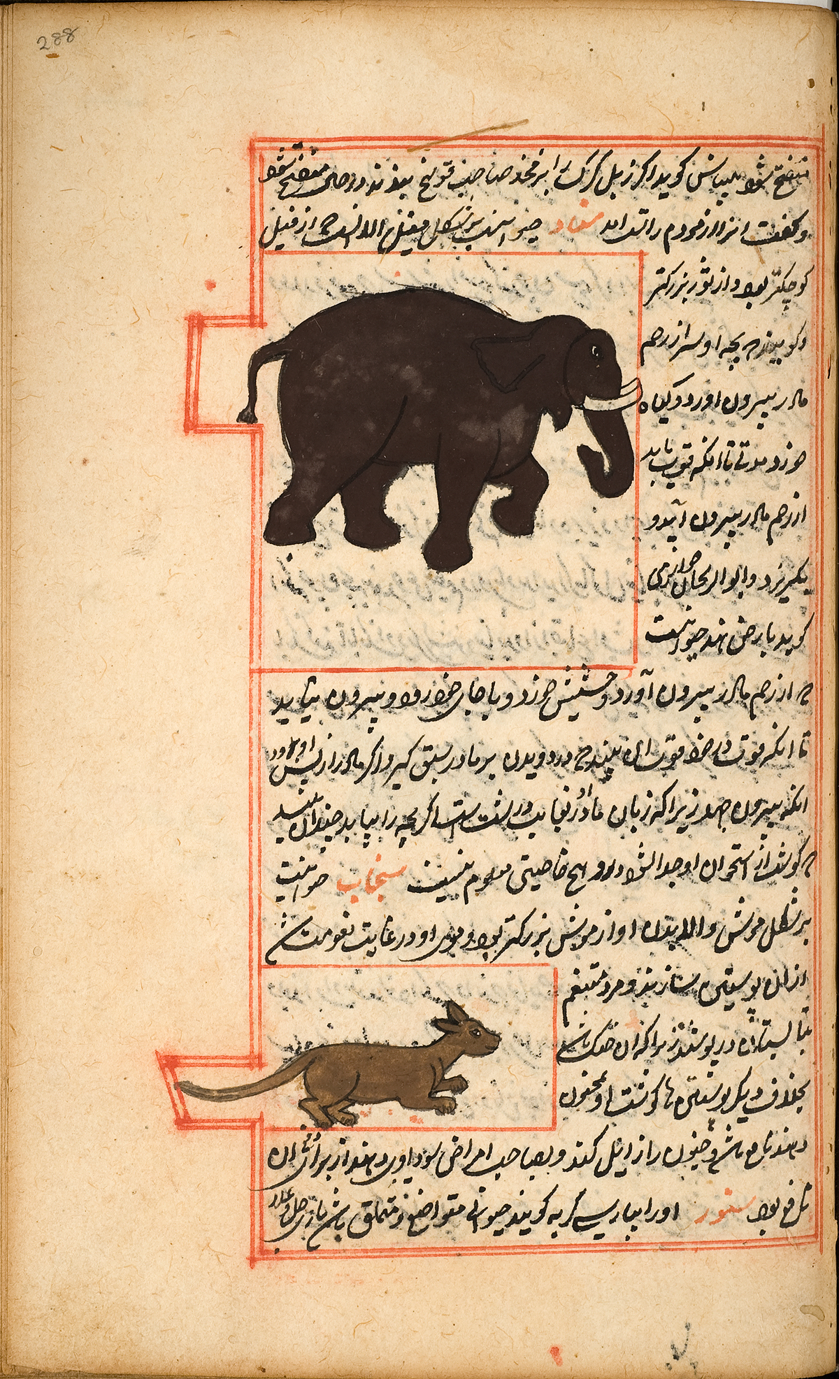 The top image is a large brown elephant with large white tusks and a small mammal native to the Middle East, surrounded by Persian text and a red double ruled border.