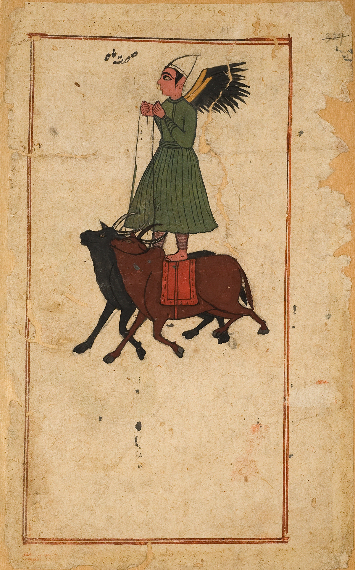 The moon, represented by a winged man standing on the backs of two running bulls, inside a red double ruled border.