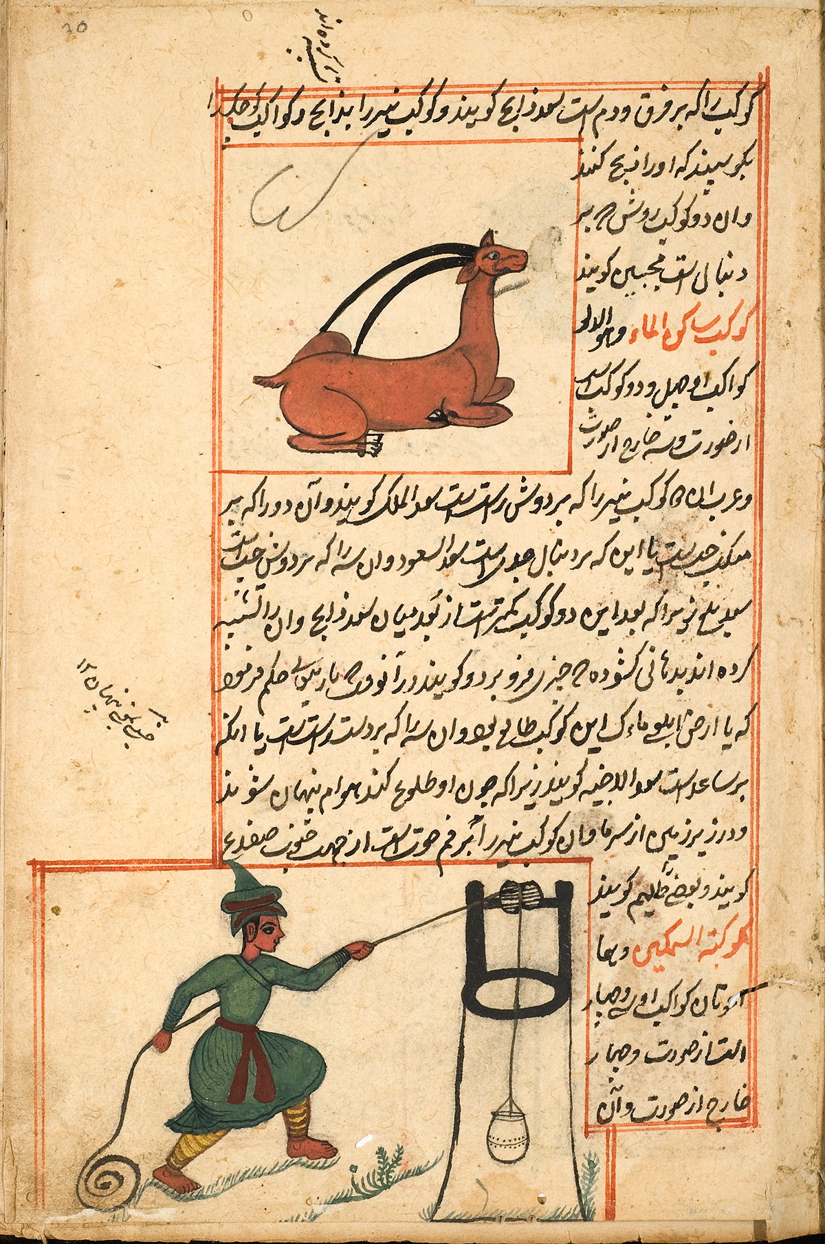 The zodiac constellation Capricorn represented as a brown seated goat with long horns, and the constellation Aquarius represented as a man in a green robe drawing water from a well; both images surrounded by Persian text and a red double ruled border.