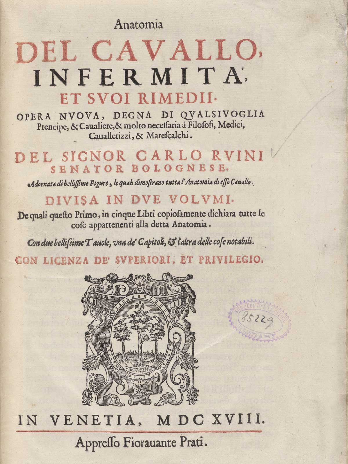 Title page of the Ruini's Anatomia del cavallo, infermità, et suoi rimedii.