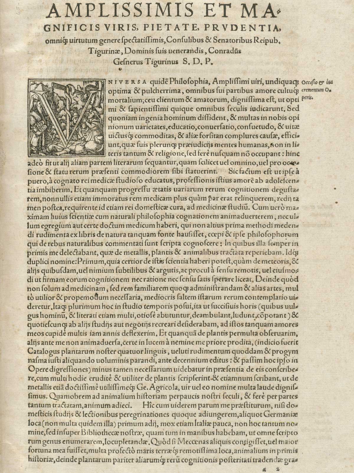 The dedication page from volume 1 of Conrad Gessner's Conradi Gesneri medici Tigurini Historiae animalium, featuring a historiated initial at the beginning of the text.