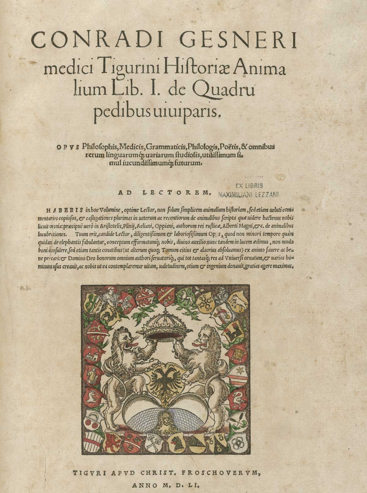 The title page from volume 1 of Conrad Gessner's Conradi Gesneri medici Tigurini Historiae animalium, featuring a colorized coat of arms at the bottom of the page.