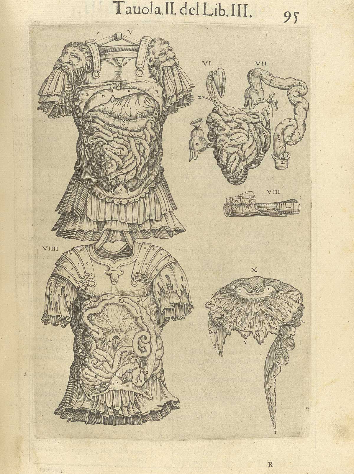 Page 95 of Juan Valverde de Amusco's Anatomia del corpo humano, featuring two upper bodies in armor displaying digestive systems under the muscles of the abdomen.