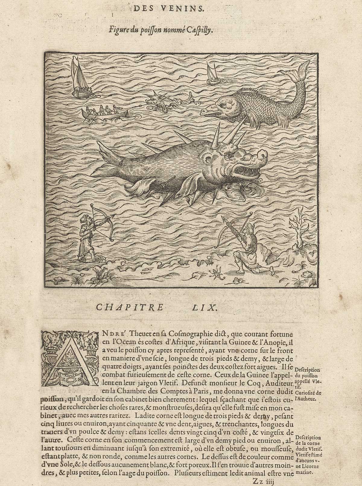 Page VIIICXVII features the Caspilly, a mythological sea-beast, in a seascape that includes a whale and small boats. The animal is shown being hunted from boats and by archers from the sea-shore.