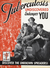 Endangers You: Discover the Unknown Spreaders! National Tuberculosis Association, United States, ca. 1940. A father reads the newspaper in his armchair as his happy family gathers round — oblivious to the dangers of contagious tuberculosis carried by the dense mass of people behind them.