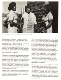 Page 9 of Community Health Representative: A Changing Philosophy of Indian Involvement. Above the text of the page is an image of three women standing outside of a building. The woman on the right has her arm around a young child. The caption on the picture states: A CHR (Community Health Representative) functions as a liason between the health staff and community residents.