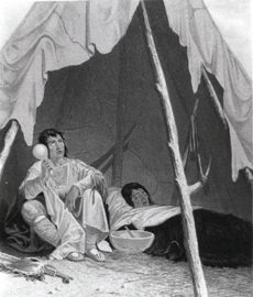 A medicine-man, holding a gourd rattle, is sitting in a tepee with a patient; a large bowl is on the ground between them. Image A021234 from the Images from the History of Medicine (IHM).