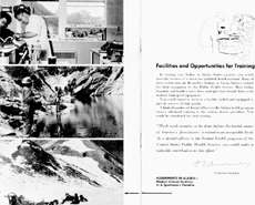 A two page spread from Horizons in Indian Health Dentistry PHS Division of Indian Health 1959. On the left page are three images. On the top image is a dentist and a female dental assistant in a dental office taking care of a dental patient. In the background is a panoramic view of Alaska. The center image is two men fishing on the shore of a lake surrounded by rocks and boulders. The bottom image is a dog sled and dogs in a snow covered mountain area. A arrow from the right page points to the images stating Assignments in Alaska - Modern Clinical Denistry in A Sportsman's Paradise. The right page has an drawing of a dentist and a female dental assistant taking care of dental patient sitting in a dental chair. The rest of the page is text.