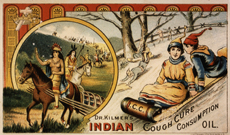 Dr. Kilmer's Indian Cough Cure Consumption Oil. 19th-century patent medicine card purporting Kilmer's oil to be an authentic Native American remedy. Showing Native Americans on horseback on the left and people sledding on the right.
