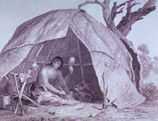 A medicine-man is sitting in a wigwam preparing medicine; he is holding a gourd rattle and chanting an invocation.