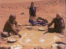 A young female patient observes a medicine man on the right and helper, both sitting, preparing a sandpainting on the ground as part of her healing ceremony. Page 24 of The Navajo Area Indian Health Service Today, IHS, 1980.
