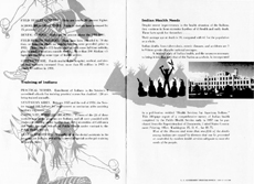 A two page spread from Progress in Indian Health Report on the Indian Health Program, PHS, 1959. While both pages have text, layered behind the text are images of Native Americans. On the left page is a Native American wearing Native American clothing holding a shield with feathers on it in one hand and holding a gourd rattle in the other hand. He is wearing an animal skin head covering with two horns on top. On the right page is  a silhouette of a group of five Native Americans sitting on the ground in front of Native American holding a gourd rattle in his right hand and a feather staff in the left.. He is wearing an animal skin head covering with two horns on top. In the background behind the standing man are tepees. To the right of that image is a picture of a building.