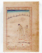 A full-page miniature drawing in black ink with gilt and blue and red accents. An elderly man lies prostrate on the ground, having dropped his turban and walking stick, while a woman (with attendant behind her) sprinkles water on his face.