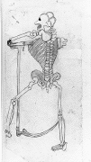 A drawing in ink and light-gray wash of a skeleton leaning on a scythe.