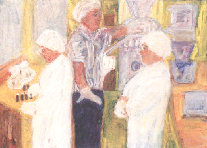 A color ink drawing of a laboratory scene with one person in a protective lab clothing handles bottles while another works with a machine. A third person stands in protective lab clothing watching.