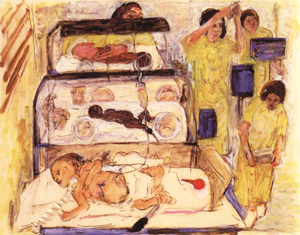 Three infants in isolettes in an neonatology intensive care unit of a public hospital. Four nurses in sterile lab coat stand to the end of the isolettes.