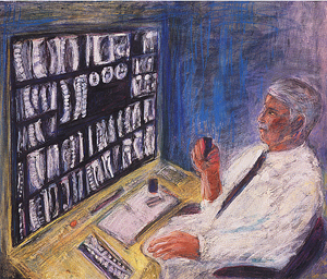 A color ink drawing of a neuroradiologist studying the MRI films of a patient.