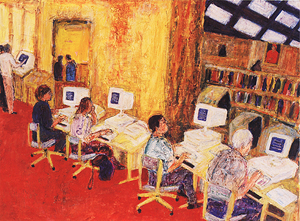 A color ink drawing of the rotunda of the National Library of Medicine. There are four computers on desks with patrons seated using them. On the right of the computers is the reading room with its circulation desk, shelved books with call numbers on their spines, and portraits of the former directors of the Library. There is an exhibit of Ellis Island on the other side of the computers.