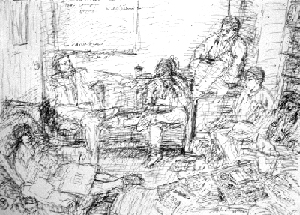 A black and white ink drawing of four interns sitting around a supervising doctor's office before patient rounds. The supervising doctor is seated in a chair on the left side with a patient's chart open on his lap.