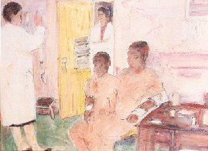A color ink drawing of two small boys in orange clothing sitting, receiving enzyme replacement. Two women in a white lab coats are standing near the boys.