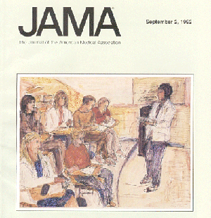 The cover of the Journal of the American Association featuring six women who are gathered together to listen to a speaker.