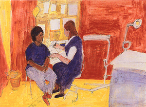 A color ink drawing of an internist seated at a desk taking notes about a HIV positive patient, seated next to her.