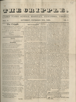 Front page of the November 19th, 1864 issue of the hospital newspaper, The Cripple. The newspaper has three columns of text below the newspaper header.