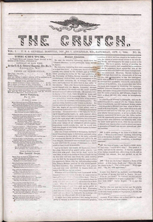 Front page of the October 1, 1864 issue of the newspaper, The Crutch. The newspaper has three columns of text below the newspaper header.