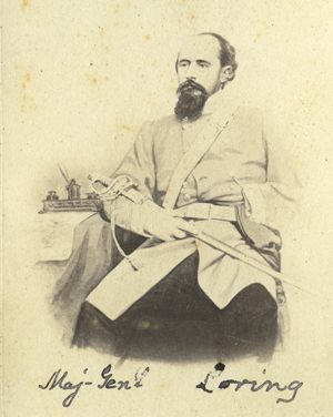 Black and white photograph of a Confederate Major General William Wing Loring in uniform with his left sleeve tied to his jacket button. In his right hand he is holding a sword across his lap.