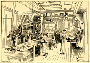 Illustration of a workroom where several men use machines and tools to craft prosthetics.