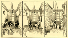 Illustration of three scenes depicting a client’s prosthetic fitting in a private room.