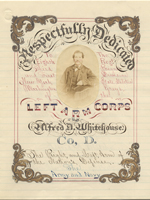 Highly decorative and embellished handwriting sample surrounding an attached portrait photograph of a man and reading: Respectfully Dedicated To The Eighth Regt. Third Brigade and First Division New York State Militia Washington Greys of the LEFT ARM CORPS by Alfred D. Whitehouse Co. D. The Right, and Left, Arm of the Nations Defense, The Army and Navy.