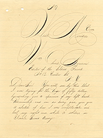 Elaborate sample of cursive handwriting in black ink, addressed to West Meriden Com., Wm. Oland Bourne, Editor of the Soldiers Friend.