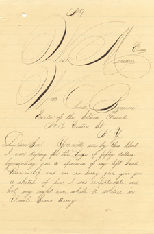 Elaborate sample of cursive handwriting in black ink, addressed to West Meriden Com., Wm. OLand Bourne, Editor of the Soldiers Friend.