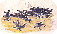 Color illustration of Union soldiers firing rifles from behind a barricade. Two men lay dead or injured in the foreground.