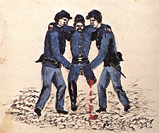 Color illustration of two men in Union uniform carrying a wounded man whose leg has been blown off at the knee.