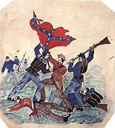Color illustration of soldiers fighting on the battlefield. Two men in Union uniform confront soldier who holds a tattered Confederate flag, whose comrade lies bleeding on the ground beside him.