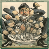 Color illustration of a uniformed man with many arms, dipping spoons into a bowl of coins that represents government pension funds.