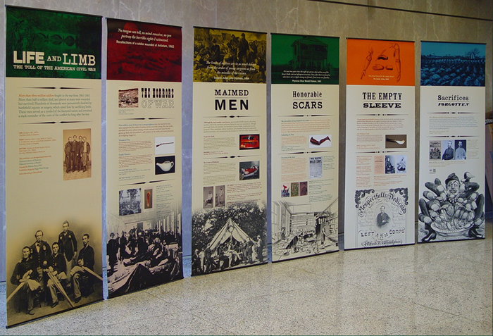 The six banners installed in a display configuration of Life and Limb: The Toll of The American Civil War
