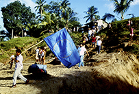 Latinos walk together down a hill; one man in front carries a blue flag.
