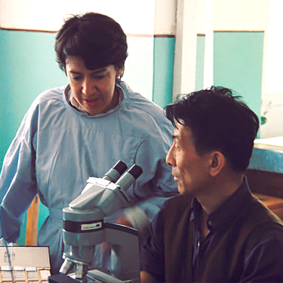 Two people discussing something at a microscope.