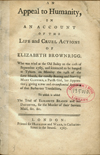 The titlepage of An appeal to humanity, in an account of the life and cruel actions of Elizabeth Brownrigg.