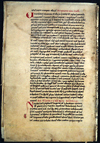F. 132 verso from Manuscript E 8. De phlebotomia (On the section of veins [to bleed patients]), credited to Galen. A hand written manuscript page, the beginning letter of both paragraphs is a calligraphy letter written in red ink.