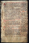 F. 78 recto from Manuscript E 8, a collection of remedies attributed to Alexander of Tralles. A hand written manuscript page written in black ink with letters in red ink at the beginning of the paragraphs.Written in pencil upper right corner and stamped in blue ink in the bottom right corner is 78.
