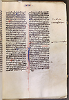 F. 24 recto from Manuscript E 3, Aristotle's De natura animalium agrestium et marinorum (On the nature of earth and see animals) translated by Michael Scot. A two column hand written manuscript page with scroll work between the two columns and annotations in the right margin.
