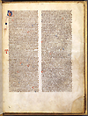 F. 1 recto from Manuscript E 14 by Taddeo Alderotti. A two column hand written manuscript page. the first letter in the upper left corner is illuminated withe brown, white, blue and red ink.