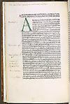 Title page for Aristotle's De animalibus translated by Theodoros. There are hand written annotations at the top and left margins of the page.
