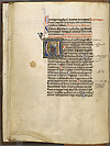F. 15 verso from Manuscript E 78, Isagoge by Hippocrates. A hand written manuscript page in which a third of the way down on the left side of the page is an illustration of a tonsured figure reading book.
